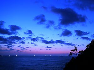 イカ釣り漁船の漁火と日本海の月夜の夜景