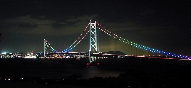 淡路島の天然温泉・松帆の郷から見た明石海峡大橋のライトアップと神戸の夜景
