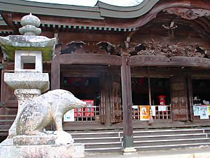 狛犬ならぬ狛猪（コマイノシシ）と千光寺の本堂