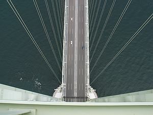 明石海峡大橋主塔頂上から真下を見下ろす