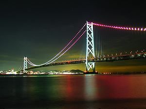明石海峡大橋のライトアップと明石海峡の夜景・淡路島から撮影