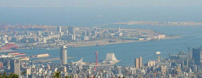 神戸港、メリケンパーク、ハーバーランド、ポートアイランド、神戸空港、大阪湾のパノラマ風景写真
