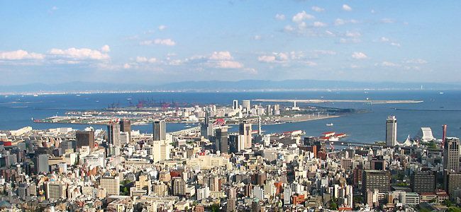 六甲山・市章山、錨山（碇山）から見たポートアイランド、神戸空港、神戸港、神戸市街地のパノラマ風景写真