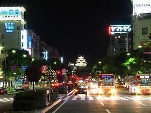 姫路大手前通りから見た姫路城のライトアップと夜景