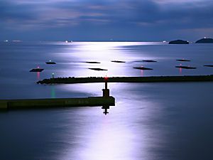 月明かりに照らされて輝く海・室津漁港の灯台と瀬戸内海の夜景