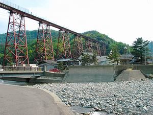 余部鉄橋と日本海に注ぐ長谷川の河口