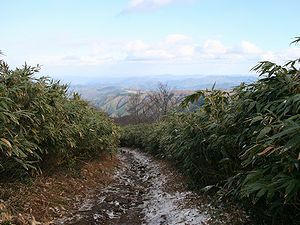 うっすらと雪化粧した東尾根登山道と南方の風景