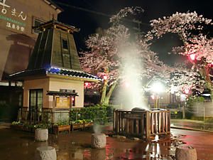 薬師公園ポケットパークの城崎温泉泉源と桜のライトアップ